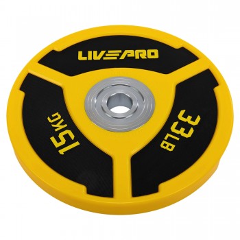 Бамперные диски полиуретановые Bumper Plates LiveUp LP8027-15 ø50.5мм 15кг желтый-черный