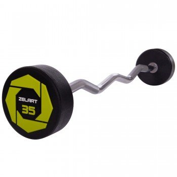 Штанга фиксированная изогнутая полиуретановая Zelart Urethane Barbell TA-2690-35 длина-110см 35кг черный-салатовый