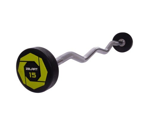 Штанга фиксированная изогнутая полиуретановая Zelart Urethane Barbell TA-2690-15 длина-104см 15кг черный-салатовый